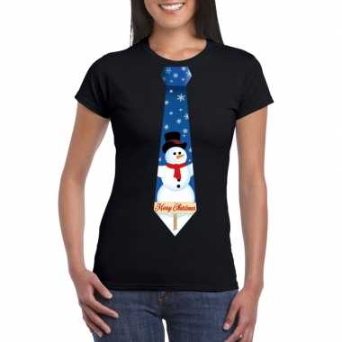 Fout kerst t shirt zwart met sneeuwpop stropdas voor damesfoute