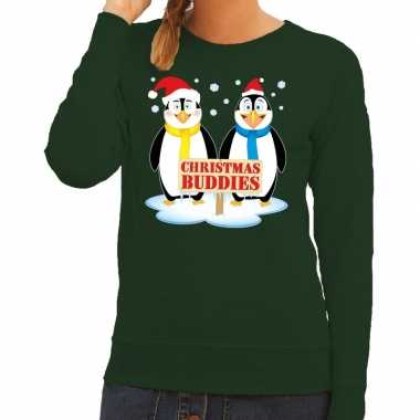 Foute foute kersttrui pinguin vriendjes groen dames