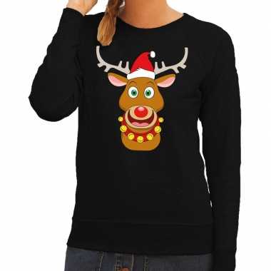 Foute foute kersttrui rendier rudolf met rode kerstmuts zwart dames