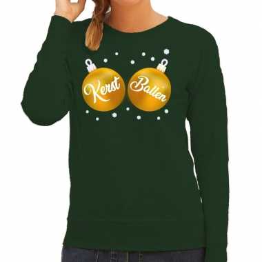 Foute foute kersttrui / sweater groen met gouden kerst ballen dames