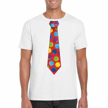 Kerst t shirt stropdas met kerstballen print wit voor herenfoute