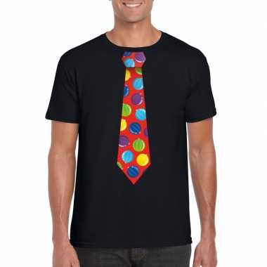 Kerst t shirt stropdas met kerstballen print zwart voor herenfoute