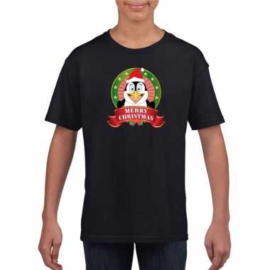 Zwart kerst t shirt voor kinderen met een pinguinfoute