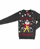 Donkergrijze foute kersttrui kerstman op skis voor volwassenen