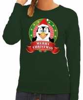 Foute foute kersttrui groen merry christmas pinguin voor dames