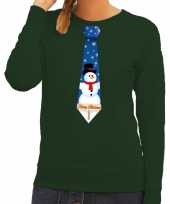 Foute foute kersttrui stropdas met sneeuwpop print groen voor dames