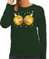 Foute foute kersttrui sweater groen met gouden kerst ballen dames