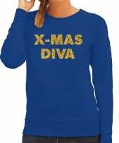 Foute kersttrui christmas diva gouden glitter letters blauw dames