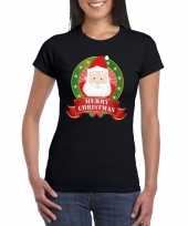 Kerst t shirt met kerstman zwart merry christmas voor damesfoute
