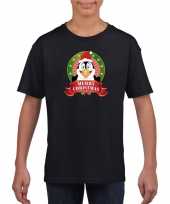 Zwart kerst t shirt voor kinderen met een pinguinfoute